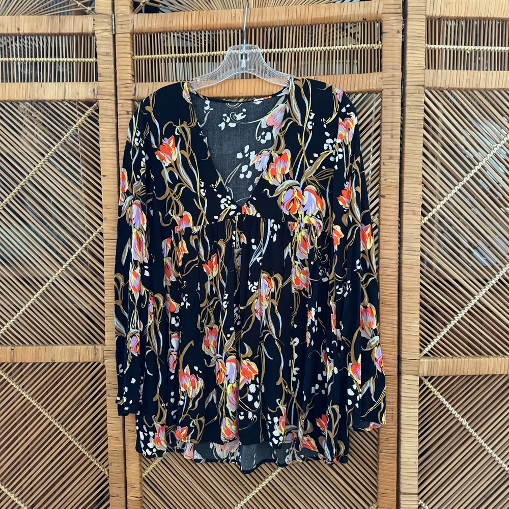 FREE PEOPLE Black and Orange Floral Tunic Bell Sleeve Blouse, S
